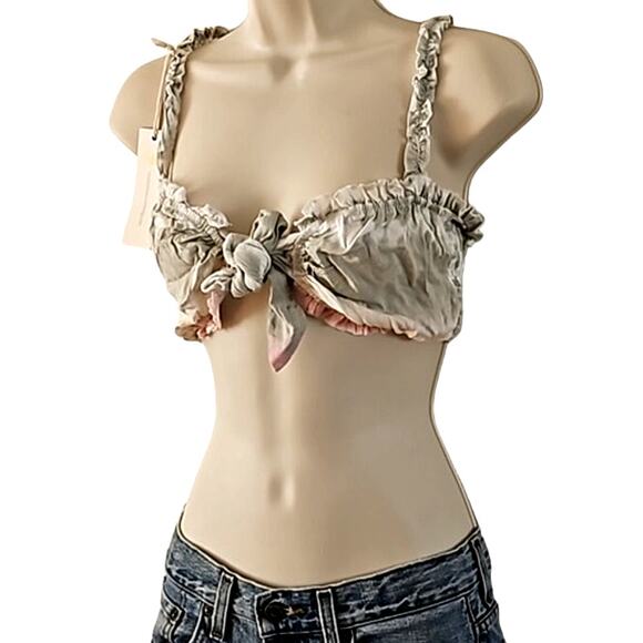 Ocean Drive Beige Tie Front Ruffle Crop Top – Size Medium – NWT Boho Festival - Picture 6 of 6
